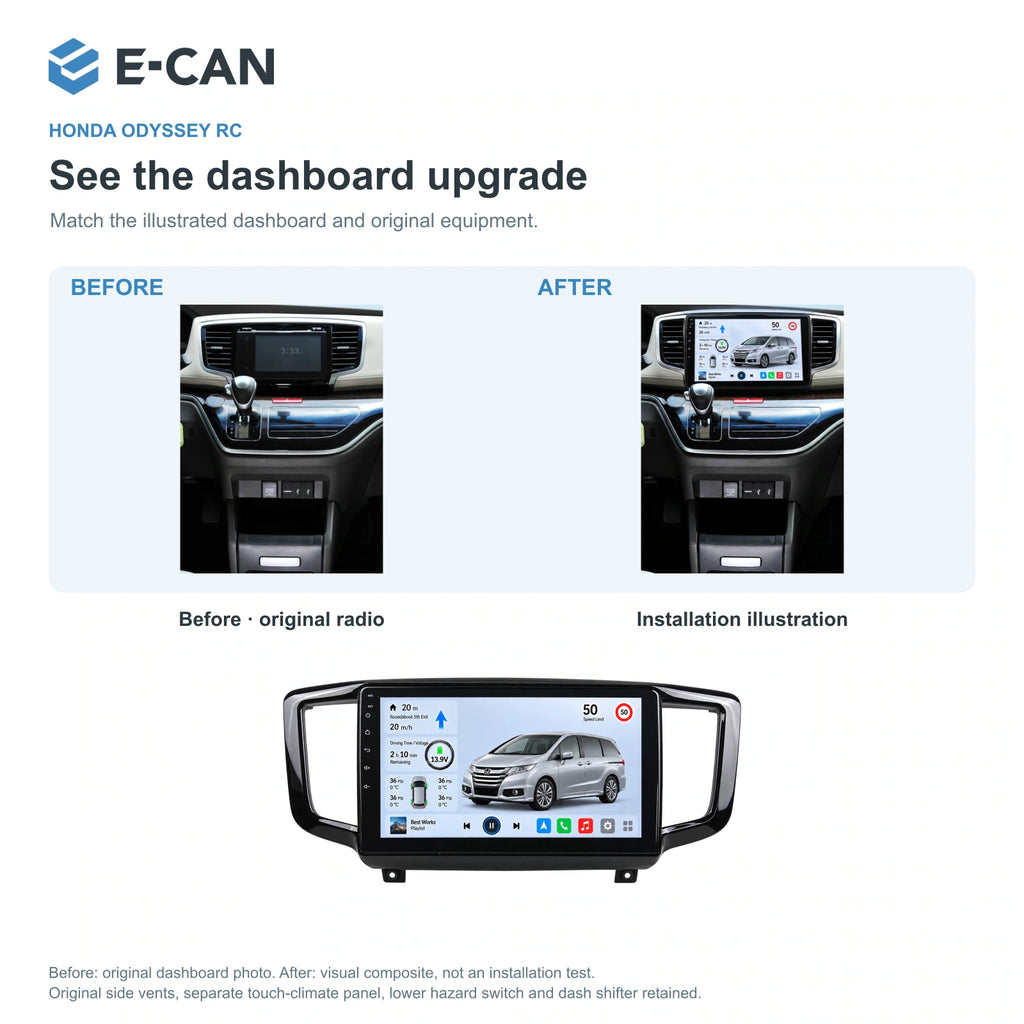 Honda Odyssey RC 2015 10.1-inch — 03 installation comparison; installation/UI graphics are illustrative
