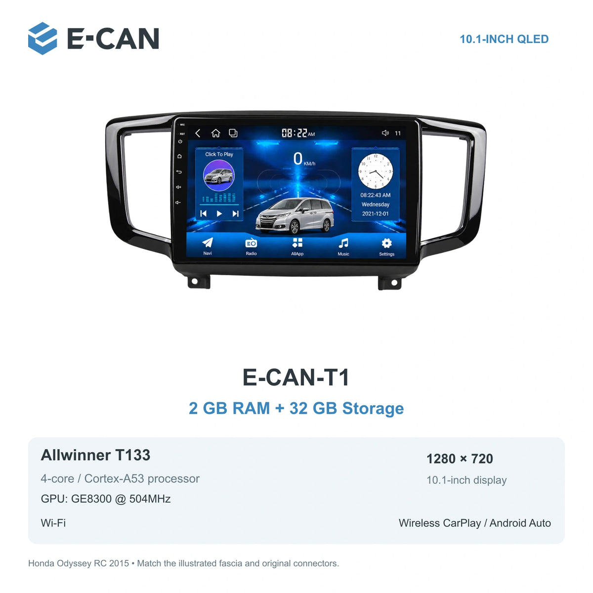 Honda Odyssey RC 2015 10.1-inch — 01 t1 2 32gb; installation/UI graphics are illustrative