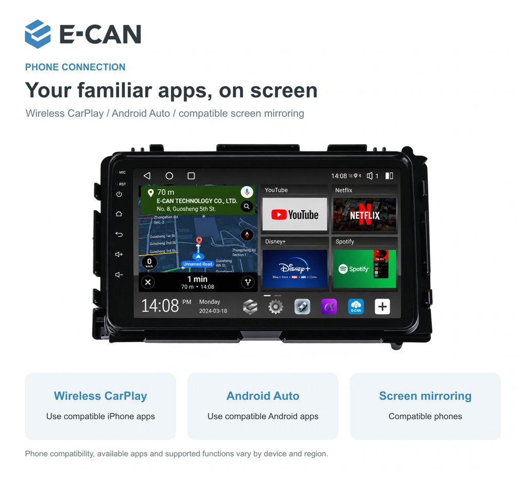 Honda HR-V / Vezel RU 2015–2018 9-inch — 07 wireless phone link; installation/UI graphics are illustrative