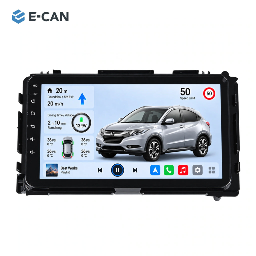 Honda HR-V / Vezel RU 2015–2018 9-inch — 01 product white; installation/UI graphics are illustrative