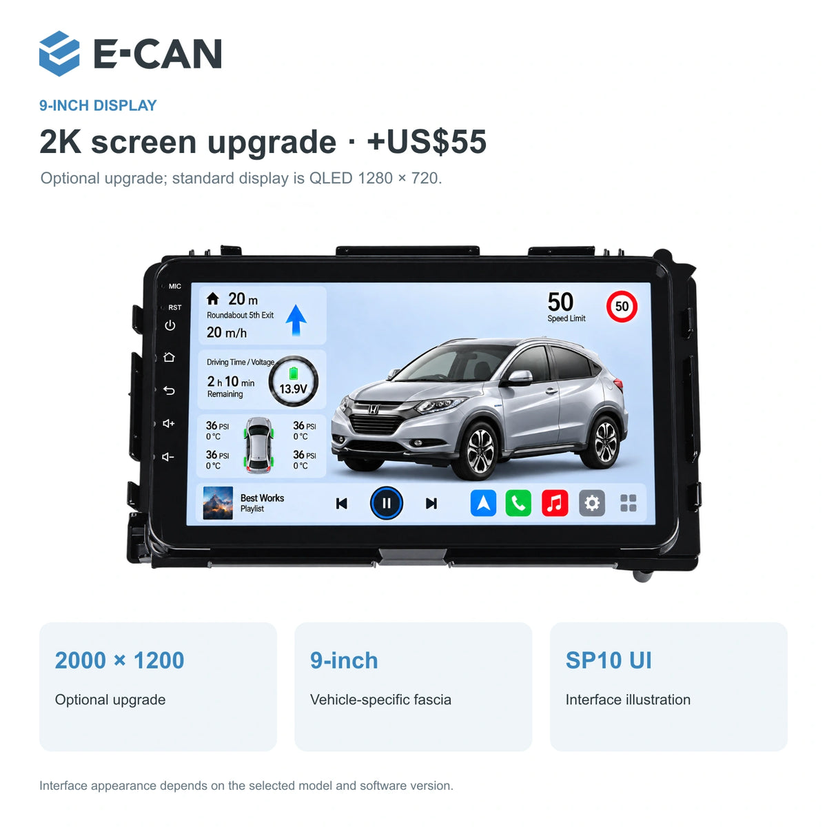 Honda HR-V / Vezel RU 2015–2018 9-inch — 02 2k display; installation/UI graphics are illustrative