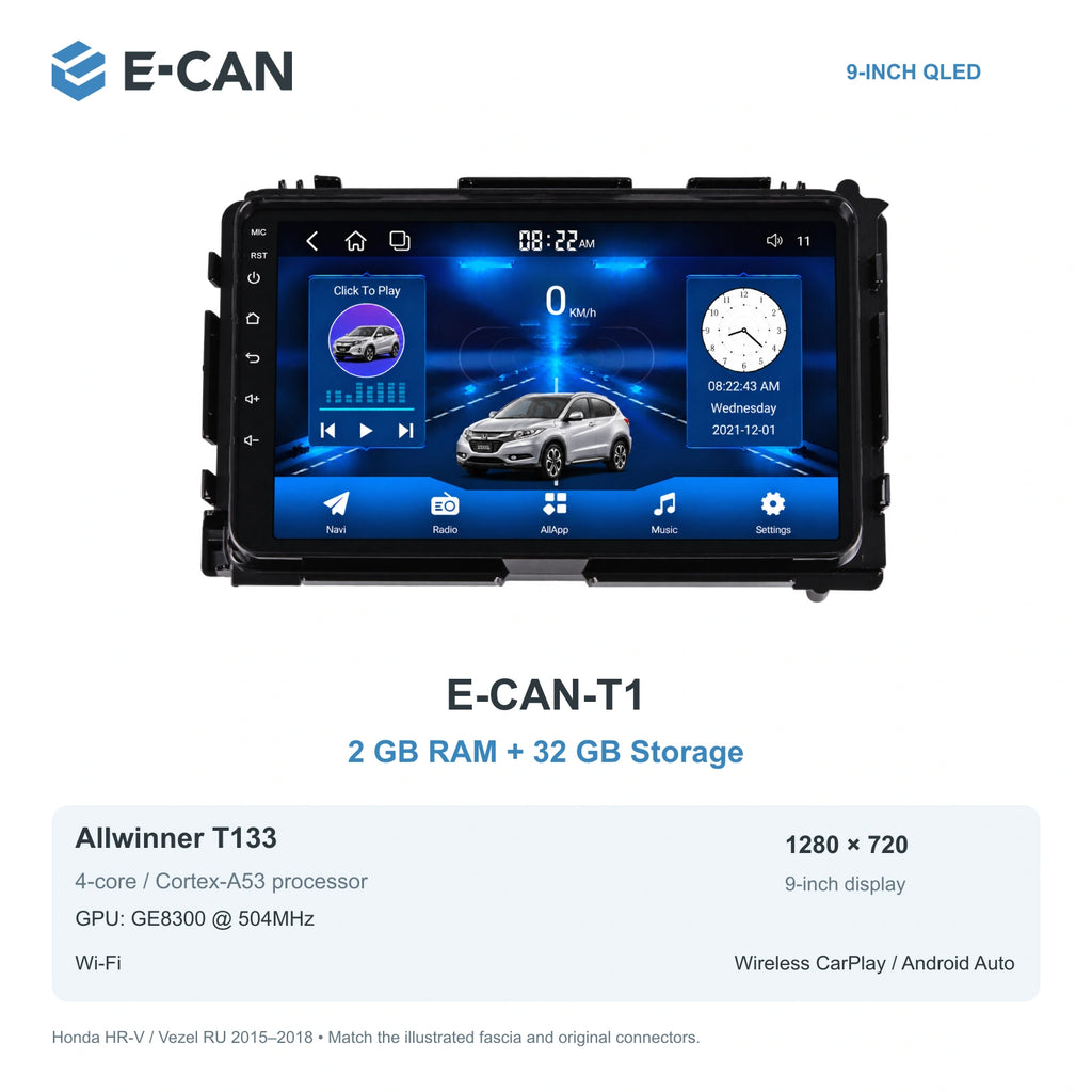 Honda HR-V / Vezel RU 2015–2018 9-inch — 01 t1 2 32gb; installation/UI graphics are illustrative