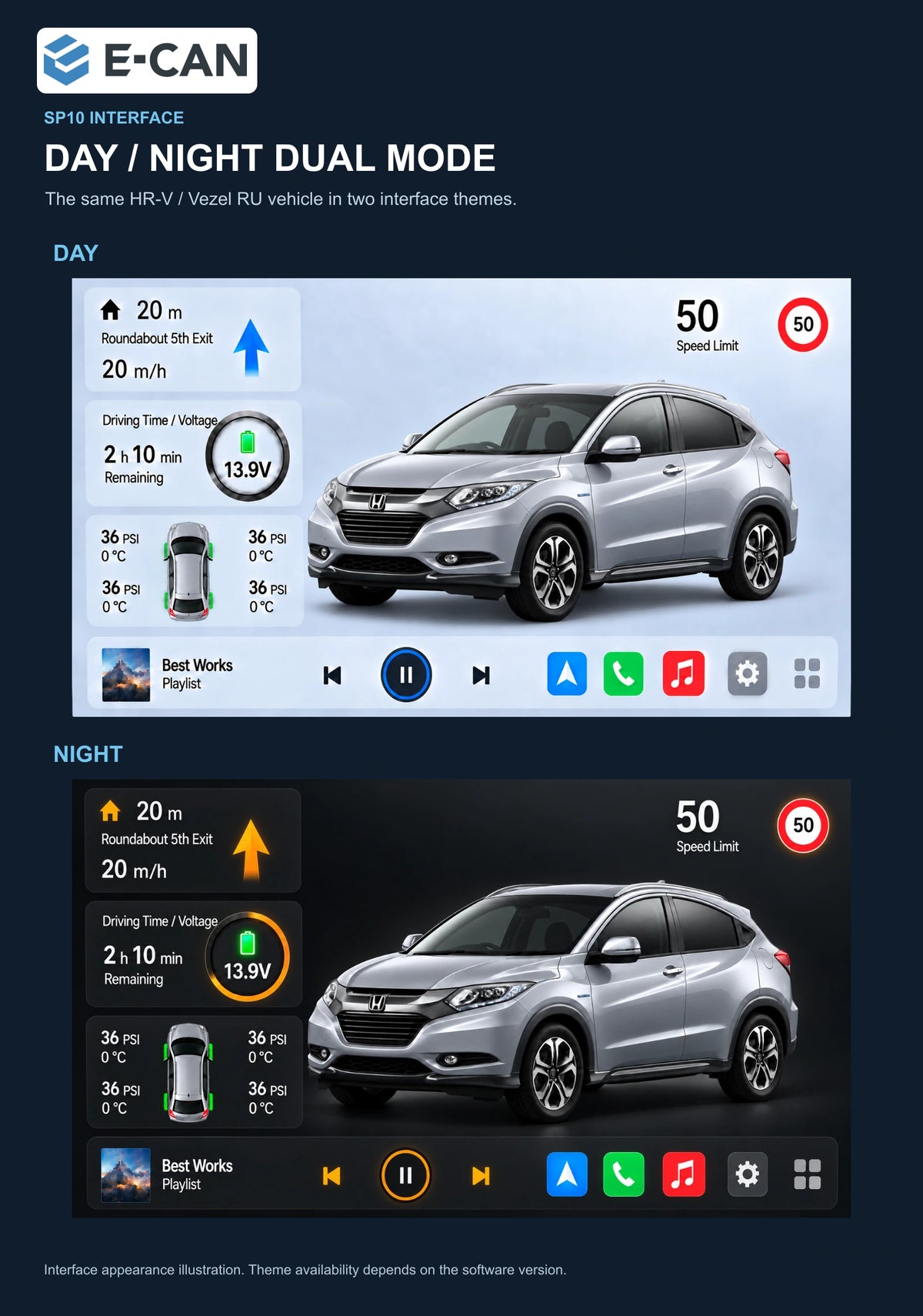 Honda HR-V / Vezel RU 2015–2018 10.1-inch — 06b day night ui; installation/UI graphics are illustrative