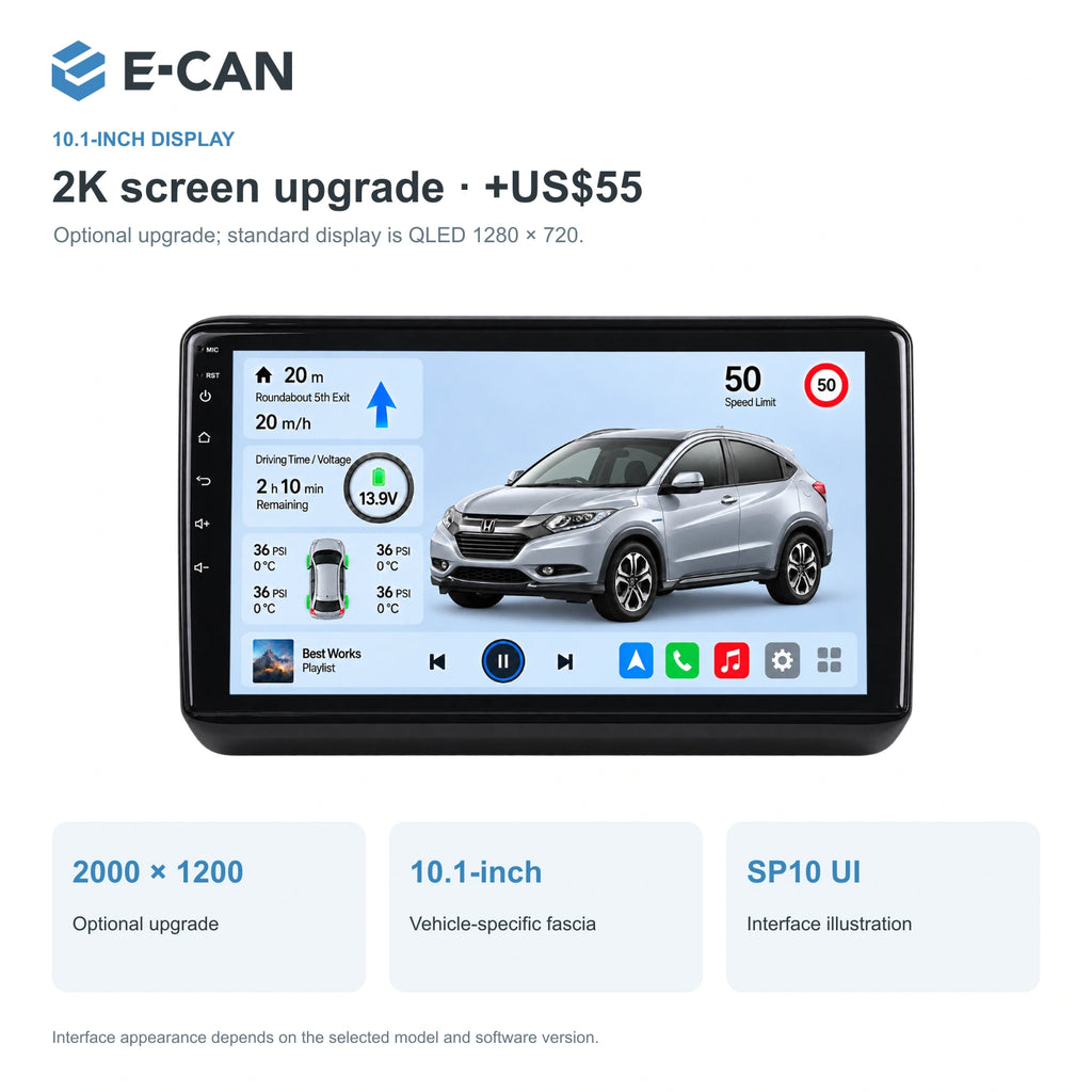 Honda HR-V / Vezel RU 2015–2018 10.1-inch — 02 2k display; installation/UI graphics are illustrative