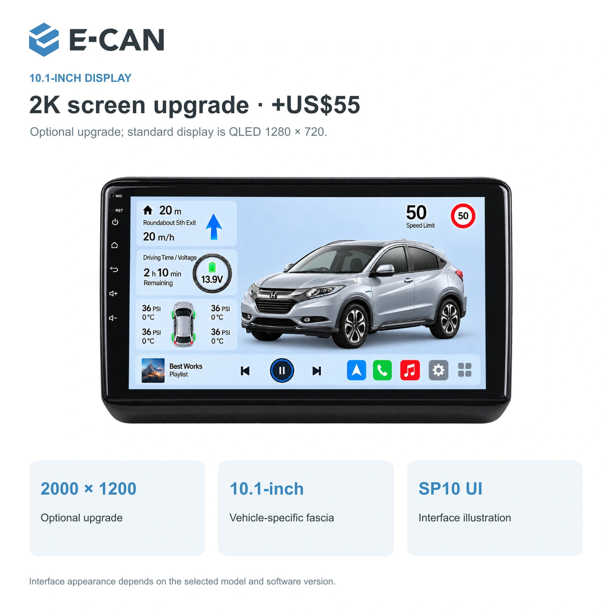 Honda HR-V / Vezel RU 2015–2018 10.1-inch — 02 2k display; installation/UI graphics are illustrative