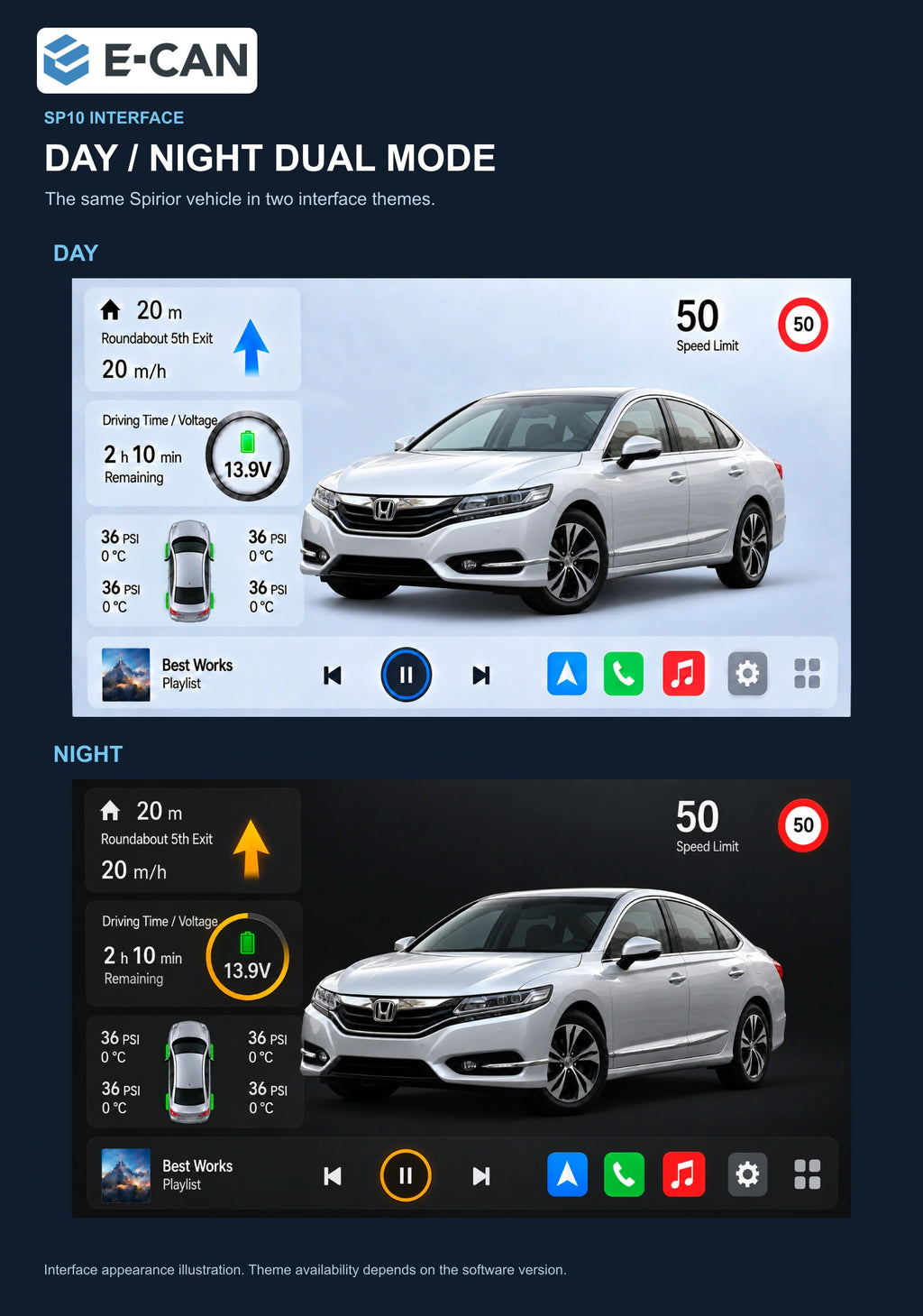 Honda Spirior 2015 9-inch — 06b day night ui; installation/UI graphics are illustrative