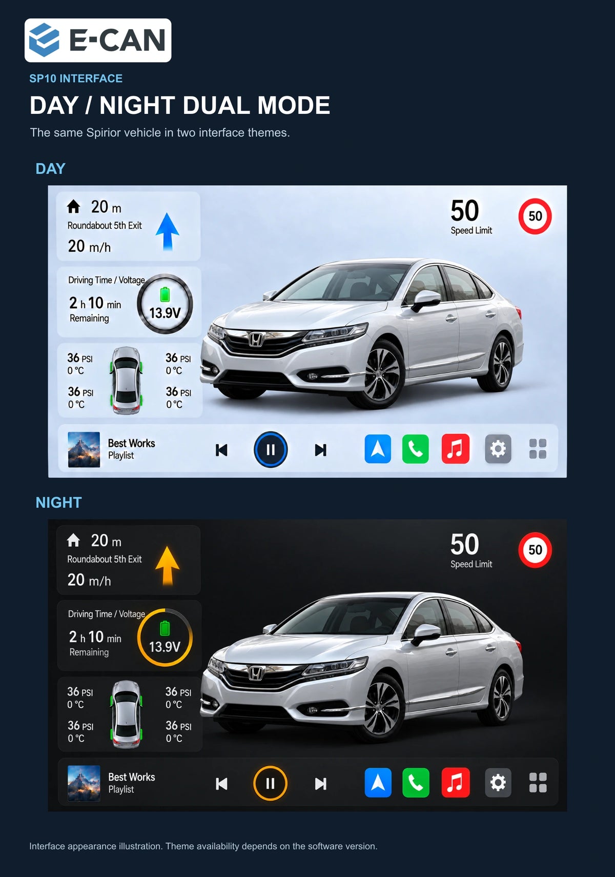 Honda Spirior 2015 9-inch — 06b day night ui; installation/UI graphics are illustrative
