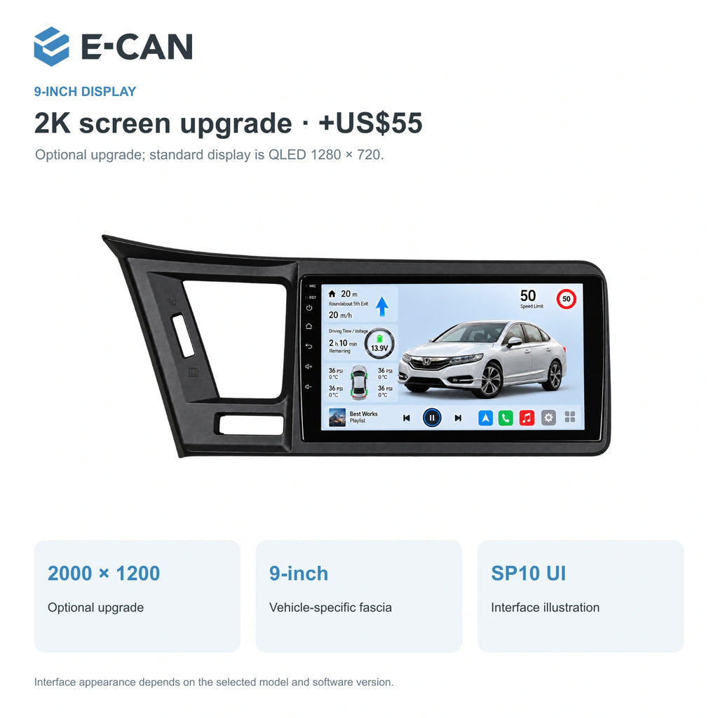 Honda Spirior 2015 9-inch — 02 2k display; installation/UI graphics are illustrative