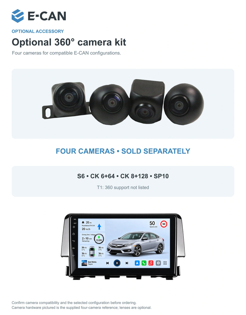 Honda Civic FC Sedan 2016 9-inch — 05 360 camera option; installation/UI graphics are illustrative
