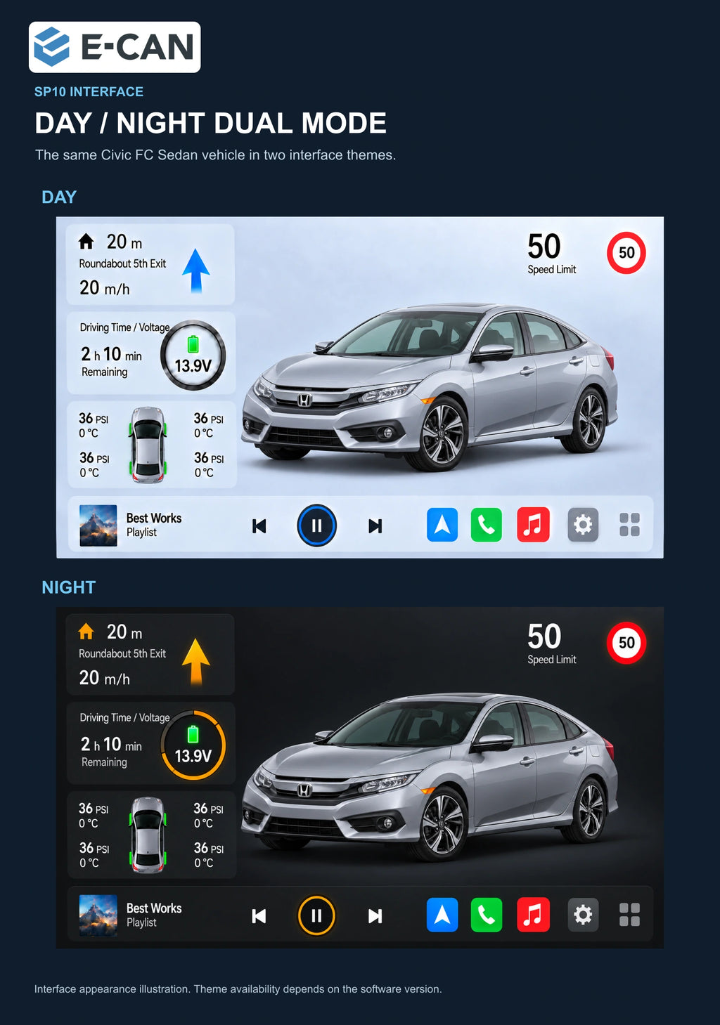 Honda Civic FC Sedan 2016 9-inch — 06b day night ui; installation/UI graphics are illustrative