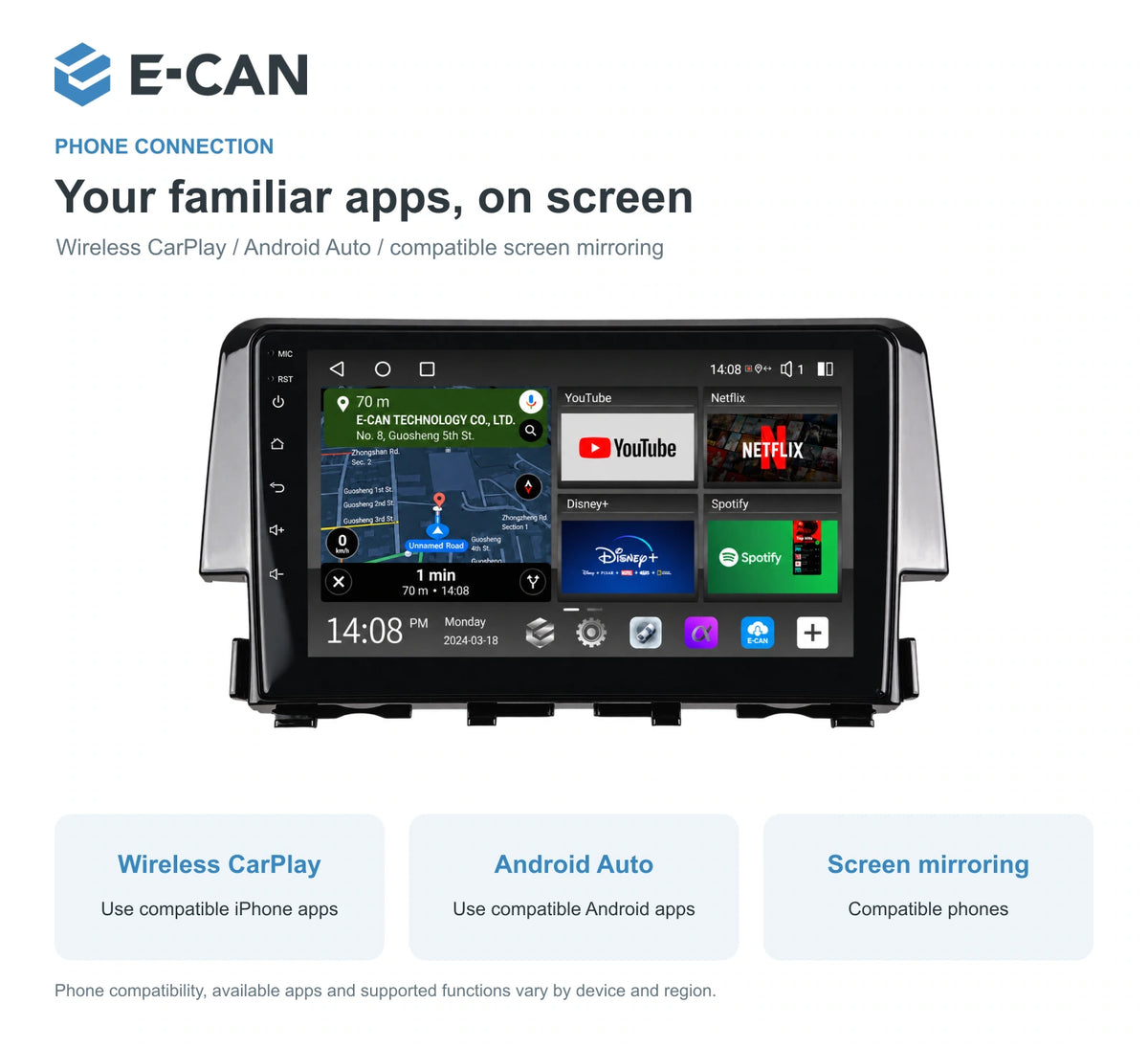 Honda Civic FC Sedan 2016 9-inch — 07 wireless phone link; installation/UI graphics are illustrative