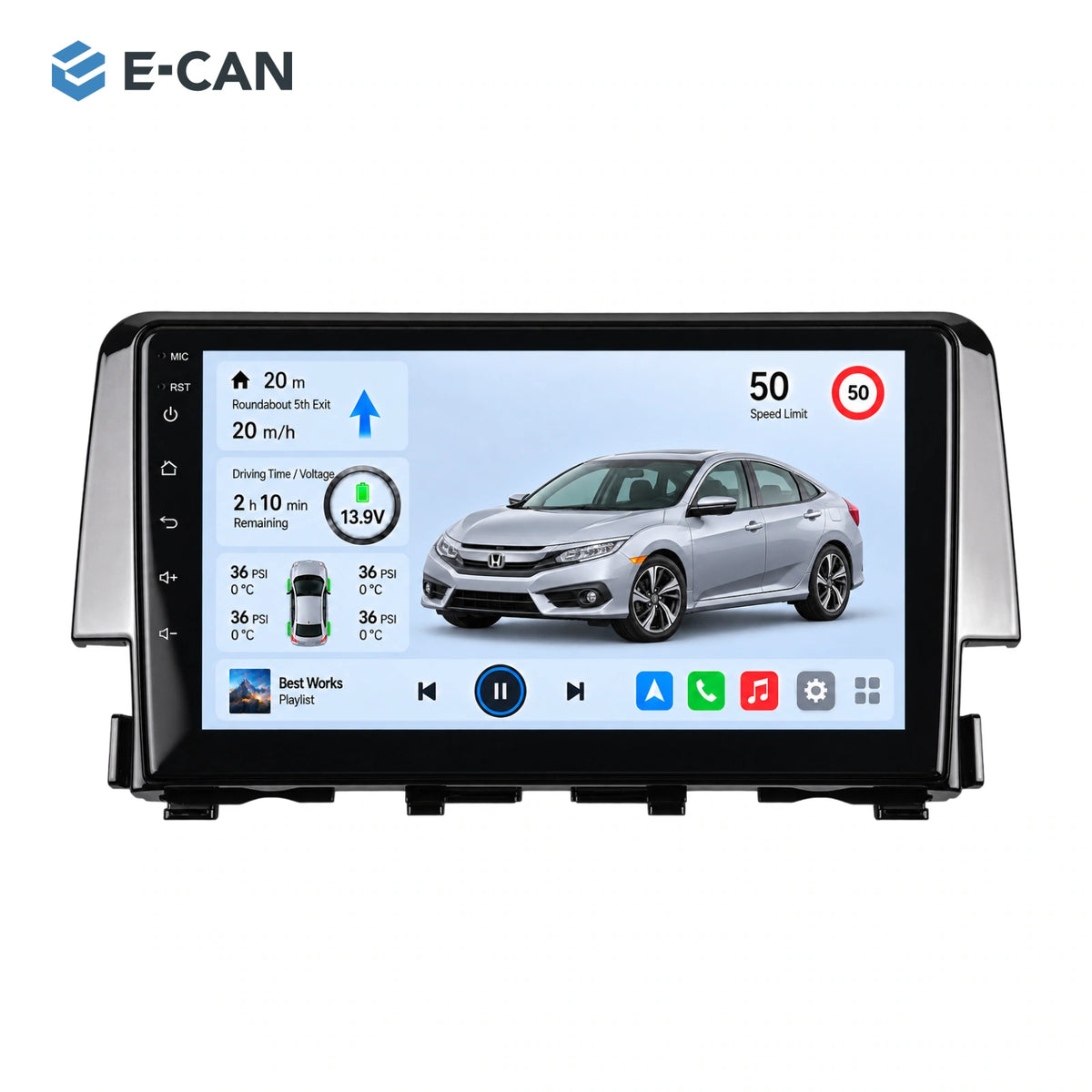 Honda Civic FC Sedan 2016 9-inch — 01 product white; installation/UI graphics are illustrative