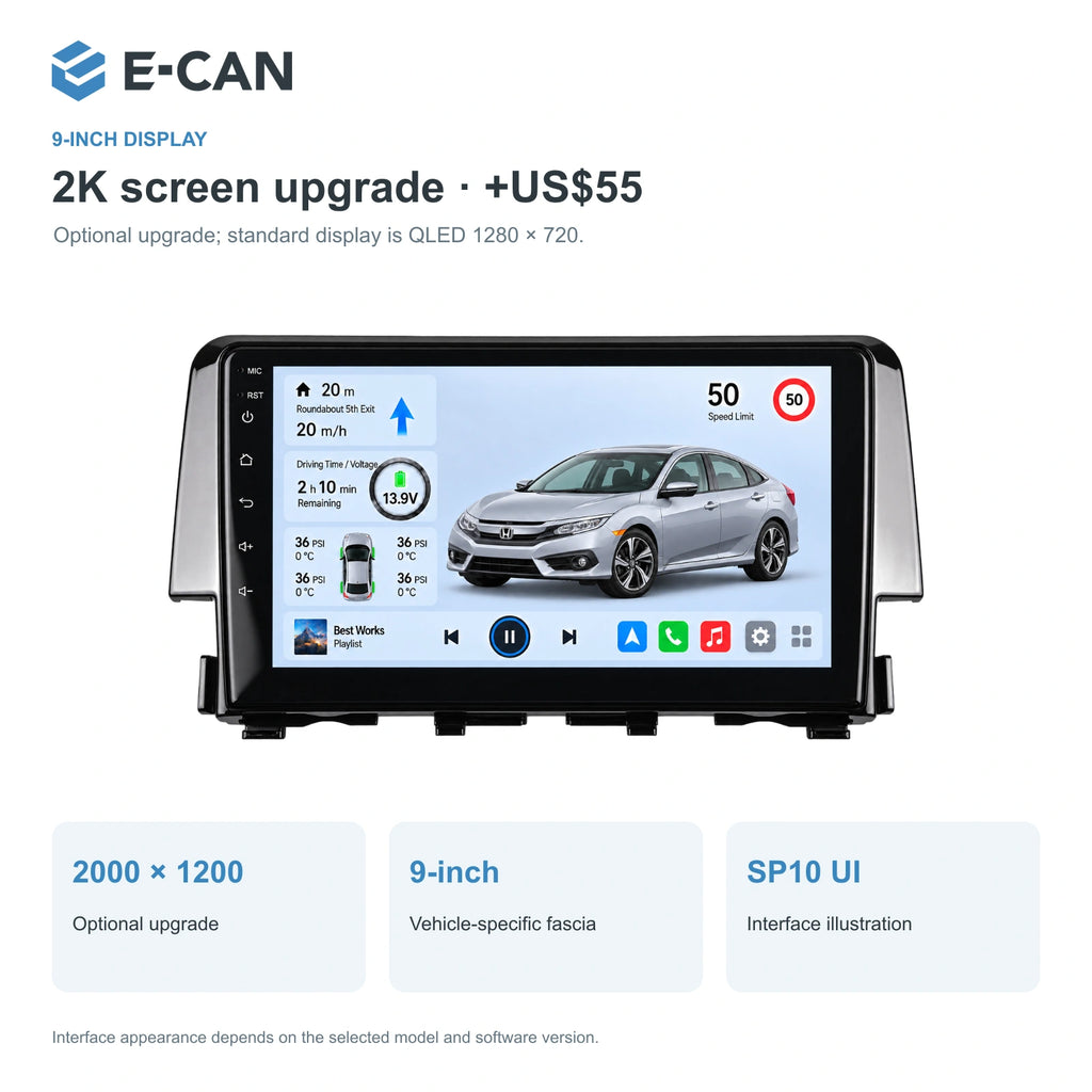 Honda Civic FC Sedan 2016 9-inch — 02 2k display; installation/UI graphics are illustrative