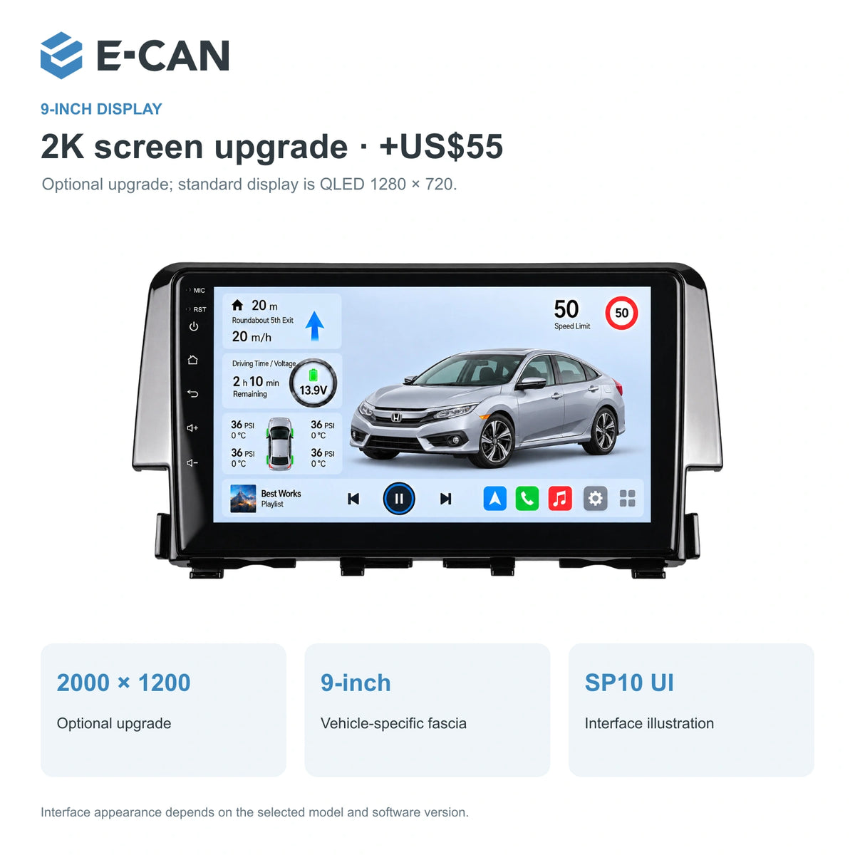 Honda Civic FC Sedan 2016 9-inch — 02 2k display; installation/UI graphics are illustrative