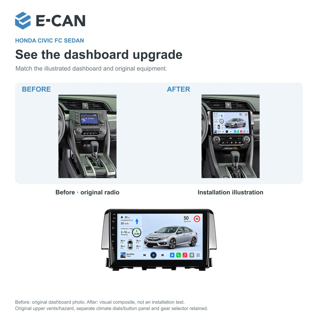 Honda Civic FC Sedan 2016 9-inch — 03 installation comparison; installation/UI graphics are illustrative