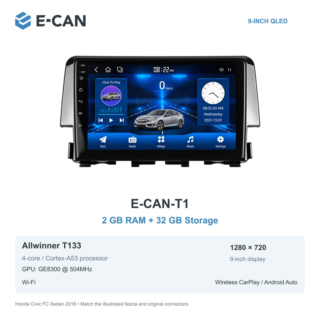 Honda Civic FC Sedan 2016 9-inch — 01 t1 2 32gb; installation/UI graphics are illustrative