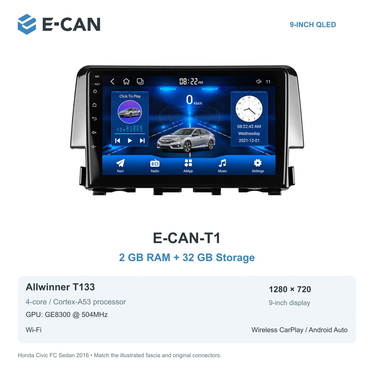 Honda Civic FC Sedan 2016 9-inch — 01 t1 2 32gb; installation/UI graphics are illustrative