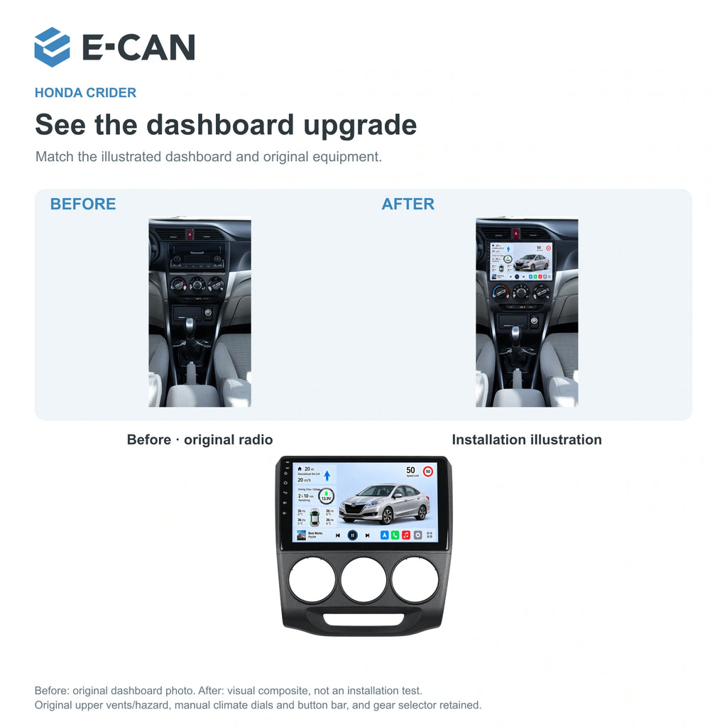 Honda Crider 2016 9-inch — 03 installation comparison; installation/UI graphics are illustrative