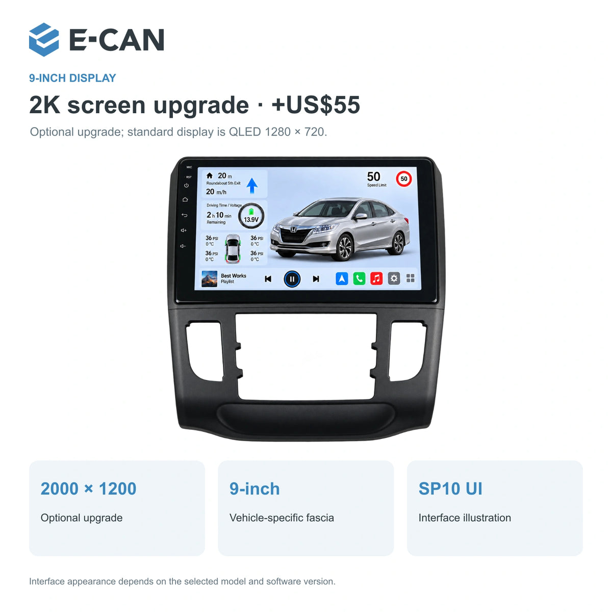 Honda Crider 2016 9-inch — 02 2k display; installation/UI graphics are illustrative
