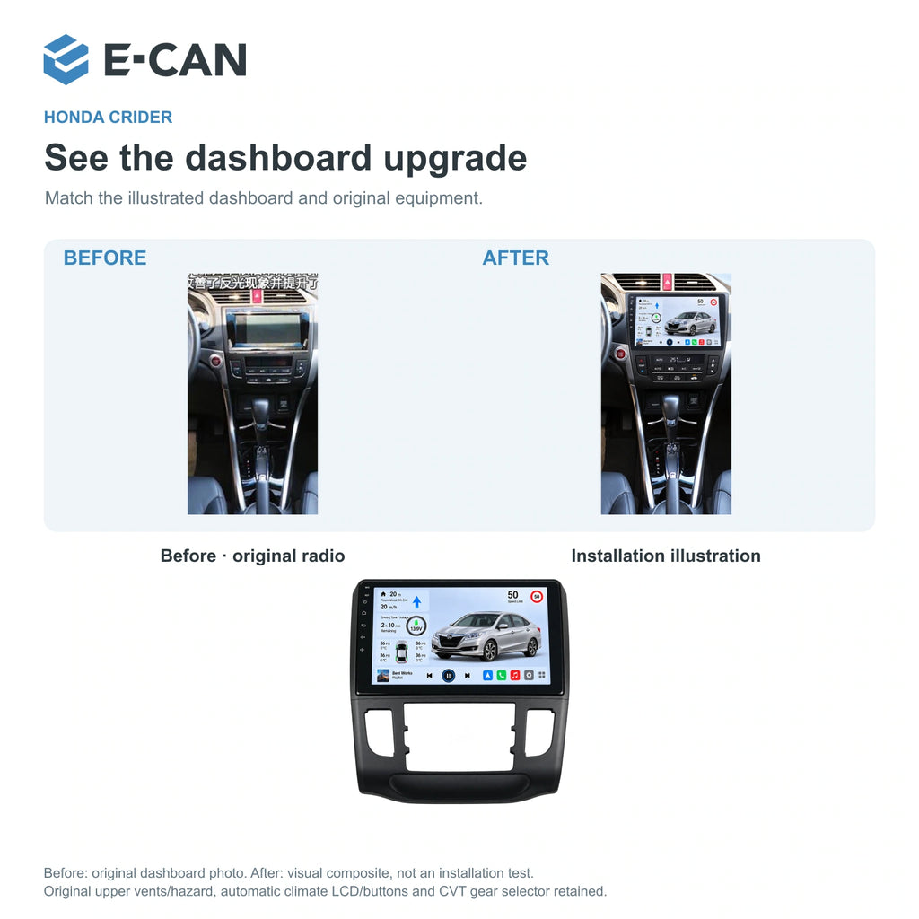 Honda Crider 2016 9-inch — 03 installation comparison; installation/UI graphics are illustrative