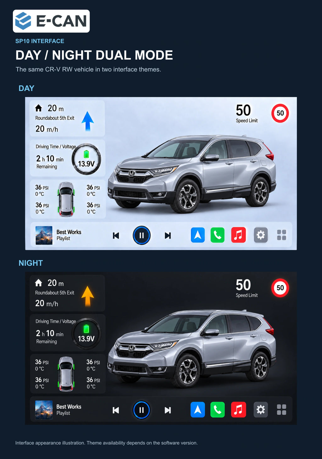 Honda CR-V RW 2017 9-inch — 06b day night ui; installation/UI graphics are illustrative