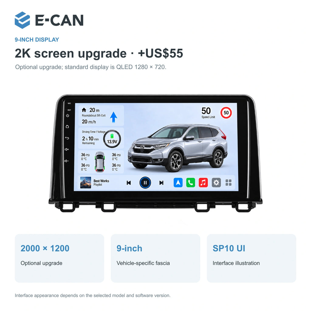 Honda CR-V RW 2017 9-inch — 02 2k display; installation/UI graphics are illustrative