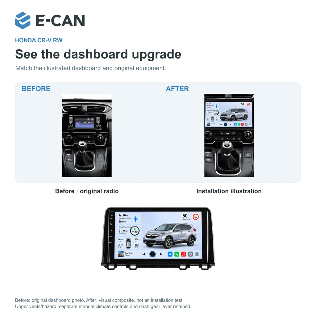 Honda CR-V RW 2017 9-inch — 03 installation comparison; installation/UI graphics are illustrative