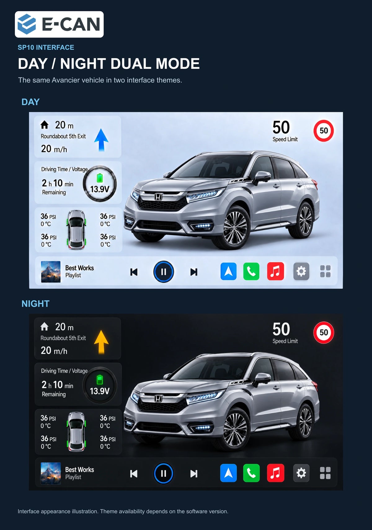 Honda Avancier 2017 10.1-inch — 06b day night ui; installation/UI graphics are illustrative