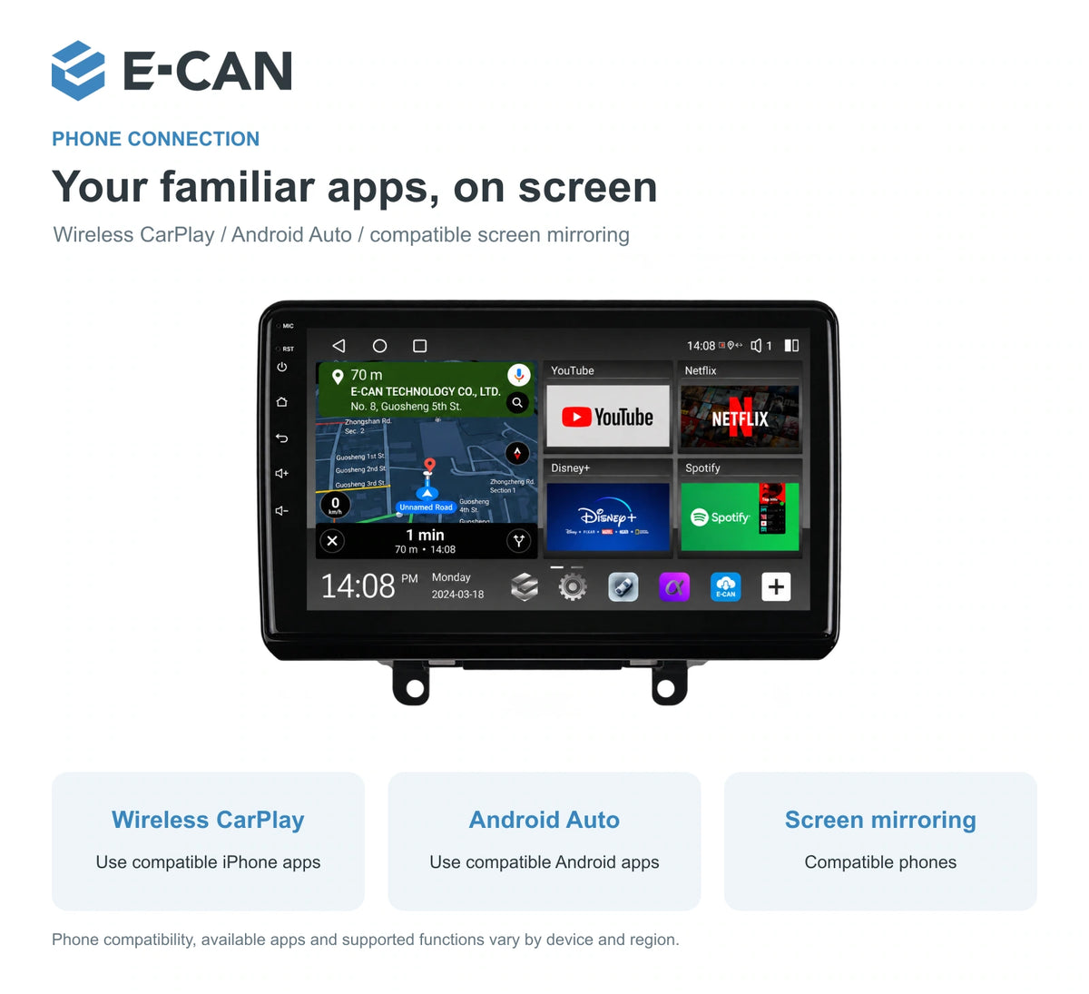 Honda Avancier 2017 10.1-inch — 07 wireless phone link; installation/UI graphics are illustrative