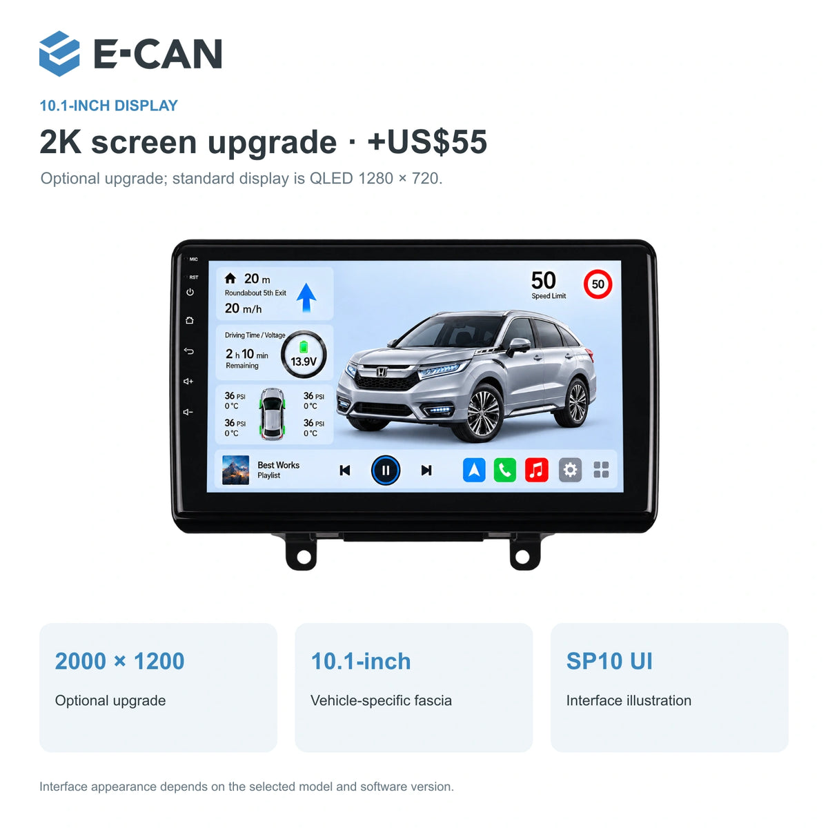 Honda Avancier 2017 10.1-inch — 02 2k display; installation/UI graphics are illustrative