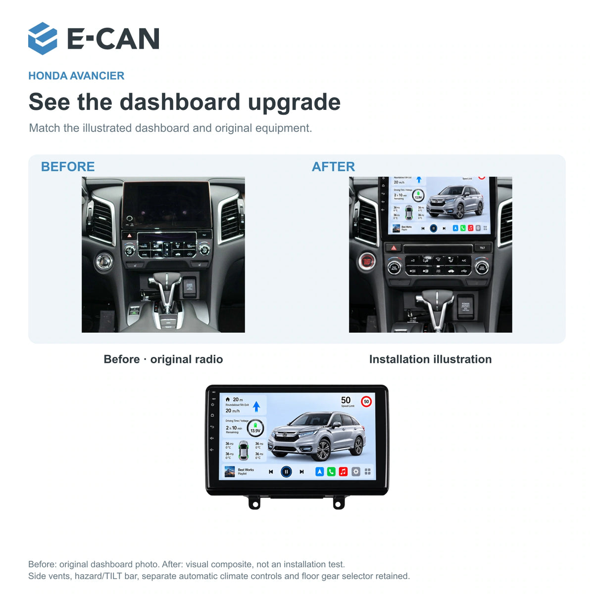 Honda Avancier 2017 10.1-inch — 03 installation comparison; installation/UI graphics are illustrative