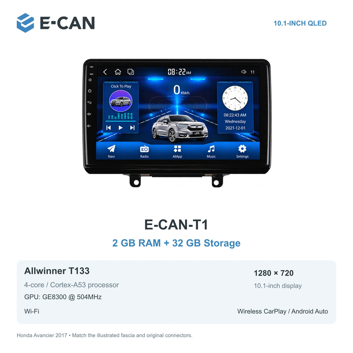 Honda Avancier 2017 10.1-inch — 01 t1 2 32gb; installation/UI graphics are illustrative