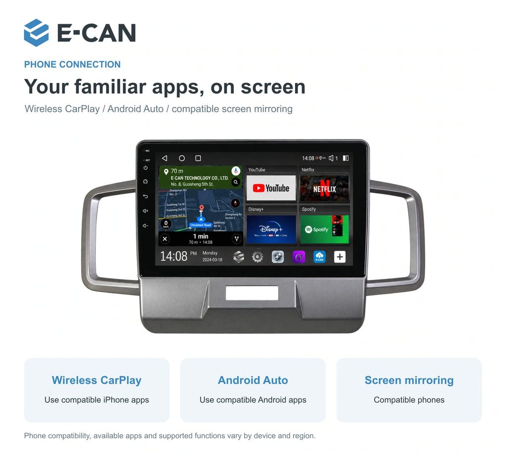 Honda FREED · grey fascia 2011–2014 10.1-inch — 07 wireless phone link; installation/UI graphics are illustrative