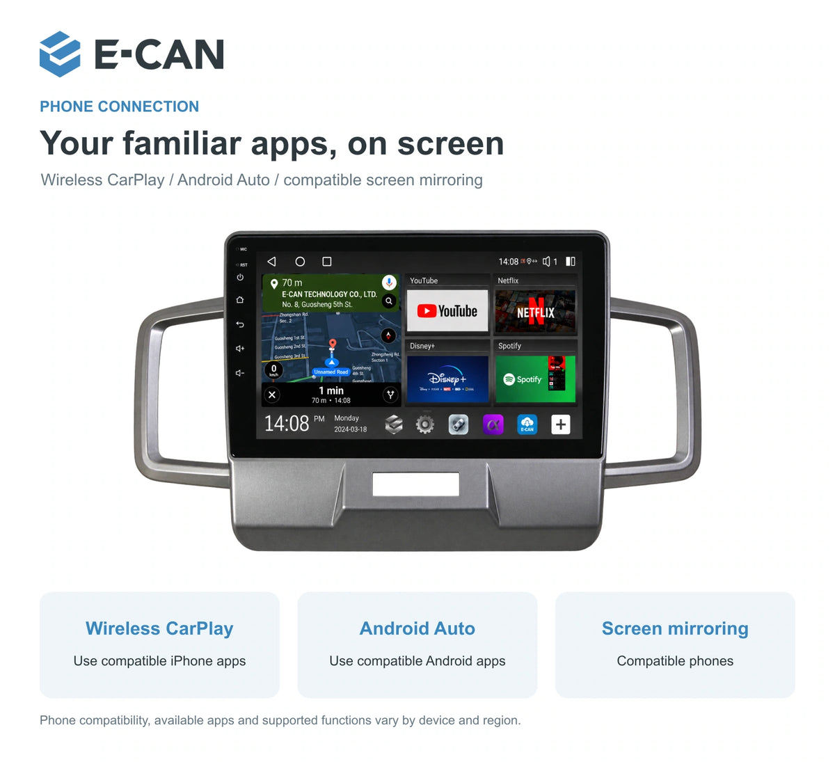 Honda FREED · grey fascia 2011–2014 10.1-inch — 07 wireless phone link; installation/UI graphics are illustrative