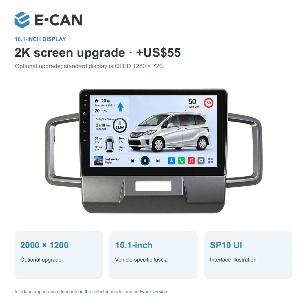 Honda FREED · grey fascia 2011–2014 10.1-inch — 02 2k display; installation/UI graphics are illustrative