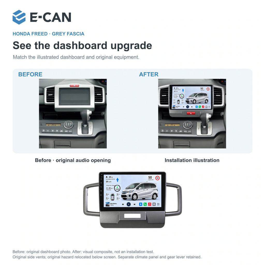 Honda FREED · grey fascia 2011–2014 10.1-inch — 03 installation comparison; installation/UI graphics are illustrative