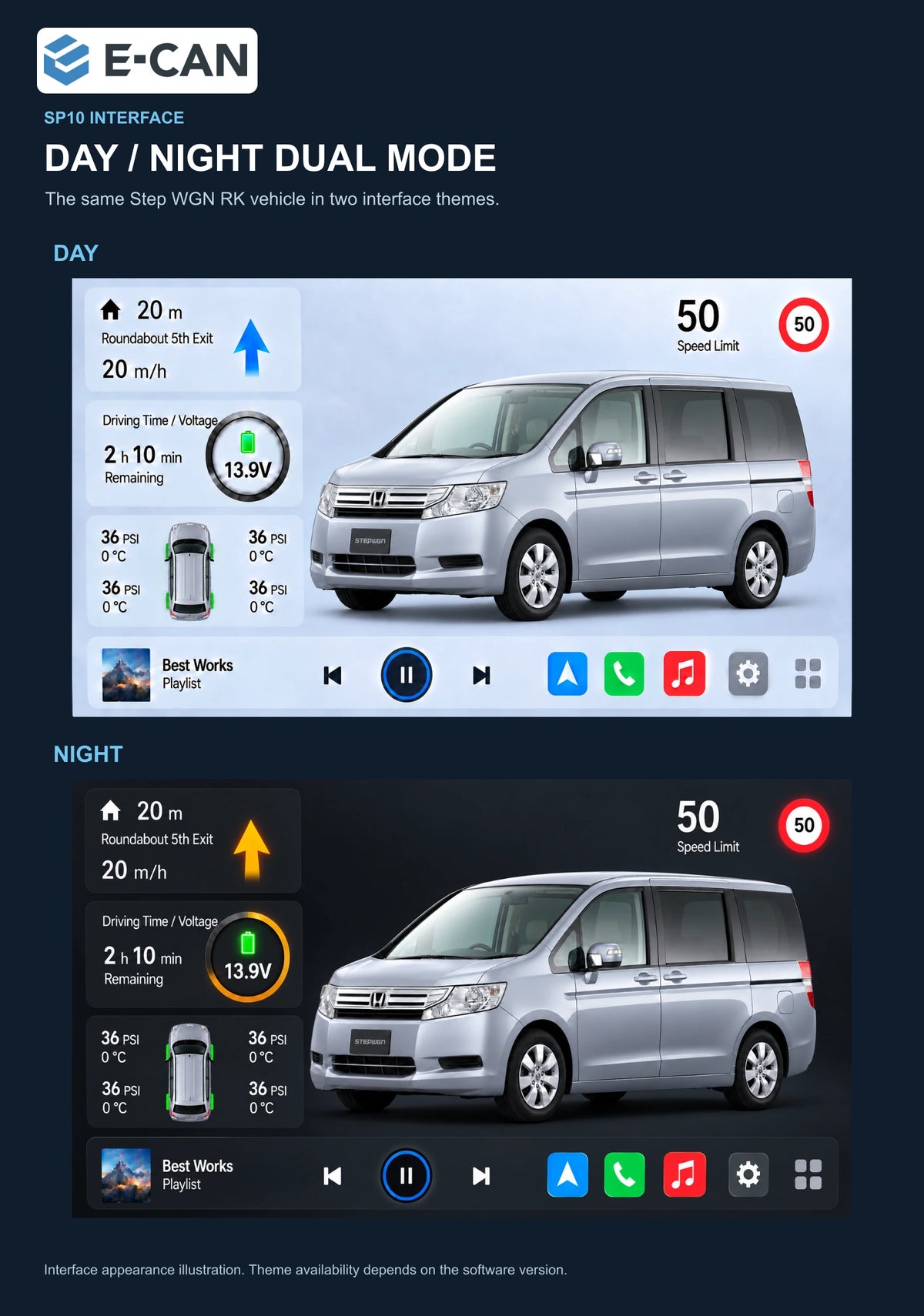 Honda Step WGN RK 2010–2014 10-inch — 06b day night ui; installation/UI graphics are illustrative