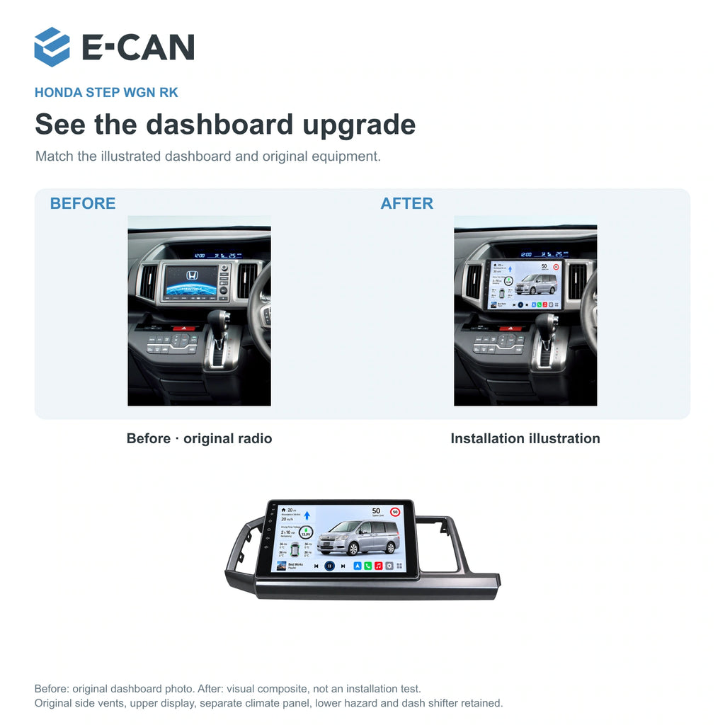 Honda Step WGN RK 2010–2014 10-inch — 03 installation comparison; installation/UI graphics are illustrative
