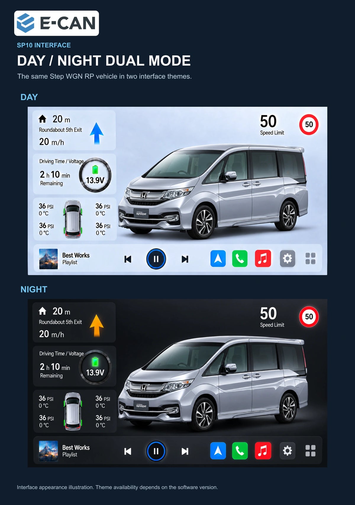 Honda Step WGN RP 2015–2018 10-inch — 06b day night ui; installation/UI graphics are illustrative