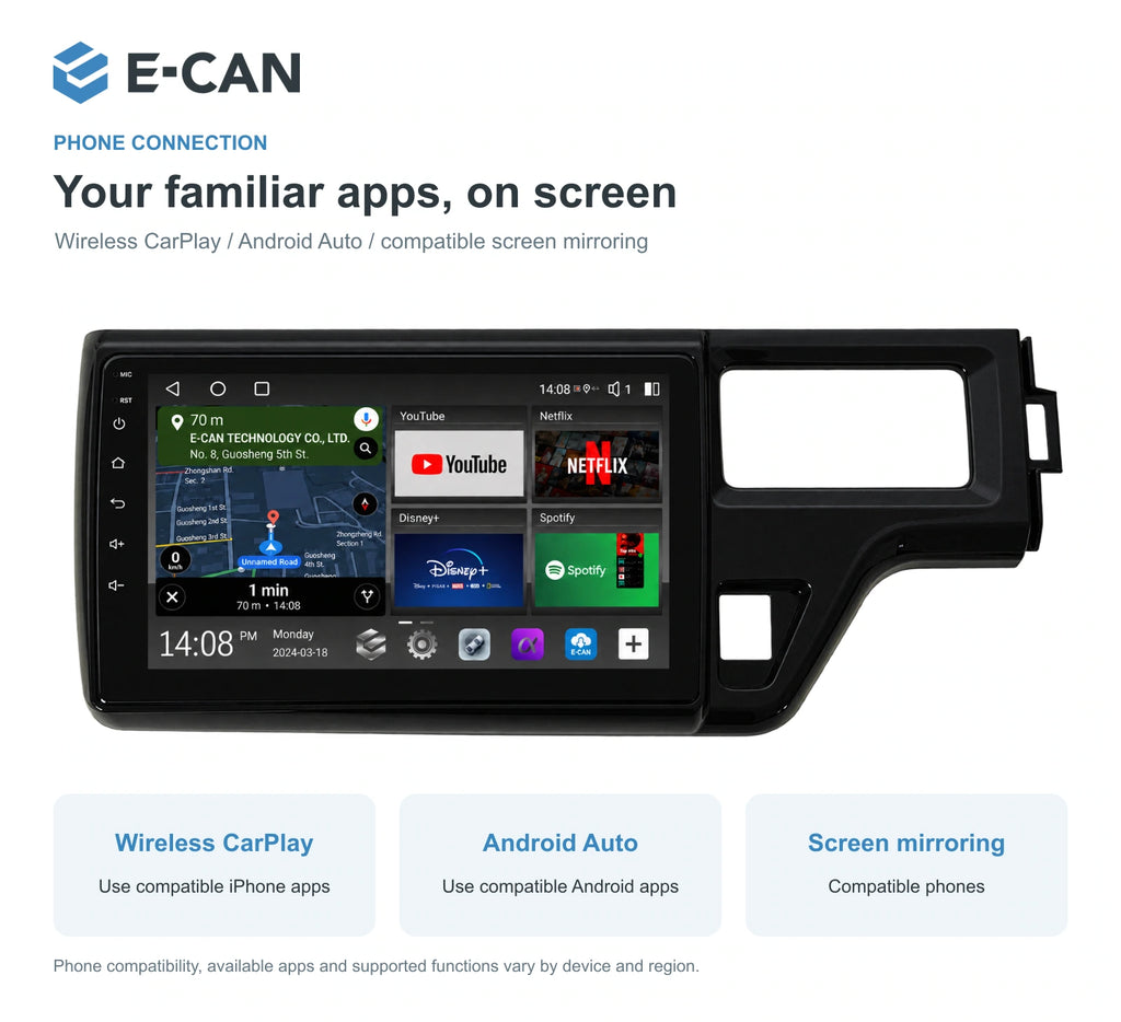 Honda Step WGN RP 2015–2018 10-inch — 07 wireless phone link; installation/UI graphics are illustrative