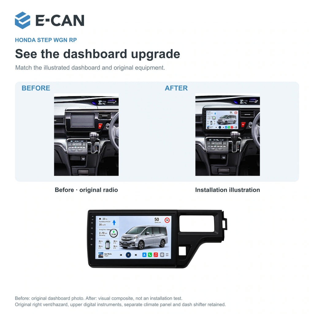 Honda Step WGN RP 2015–2018 10-inch — 03 installation comparison; installation/UI graphics are illustrative