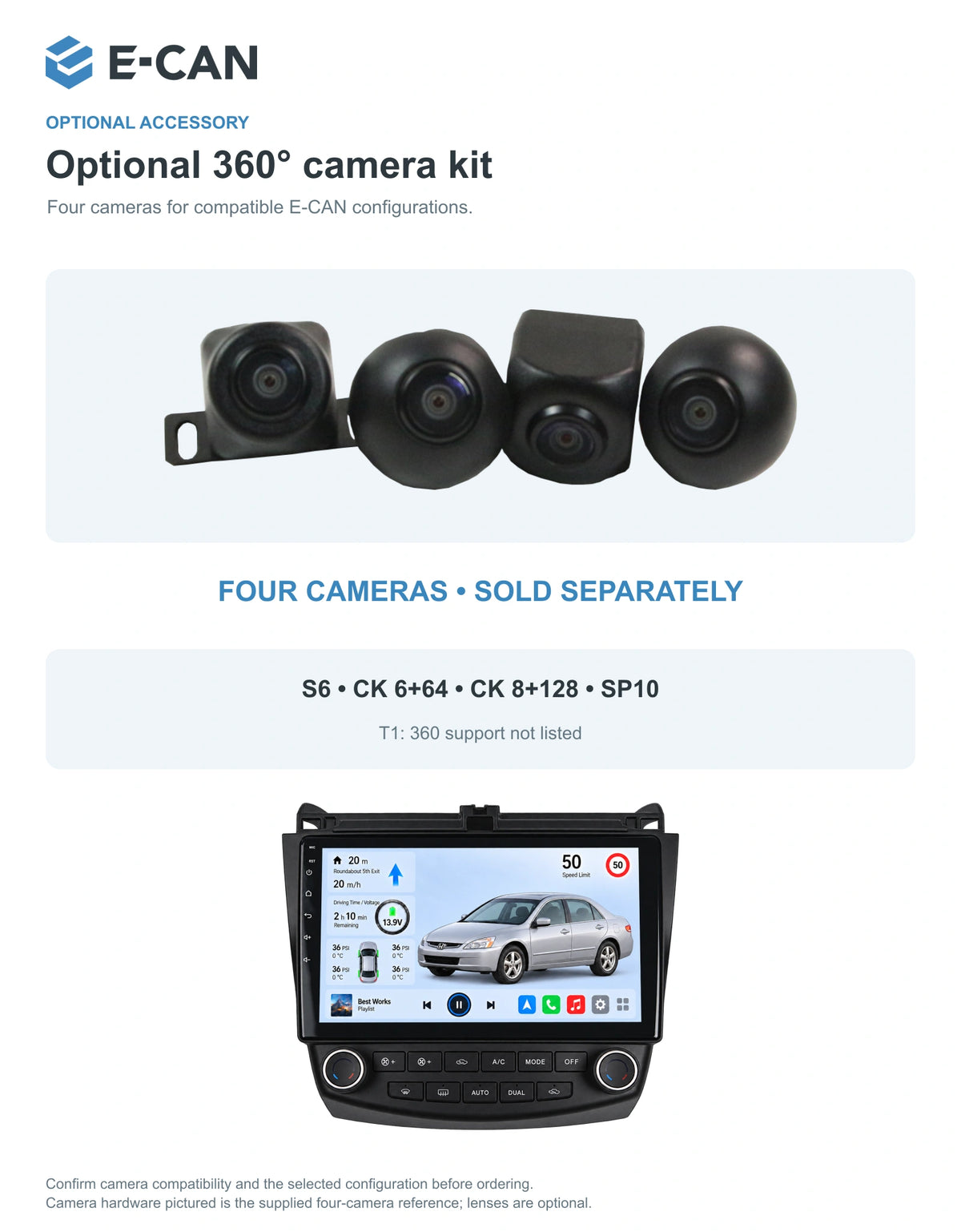 Honda Accord 7 2003–2007 10-inch — 05 360 camera option; installation/UI graphics are illustrative