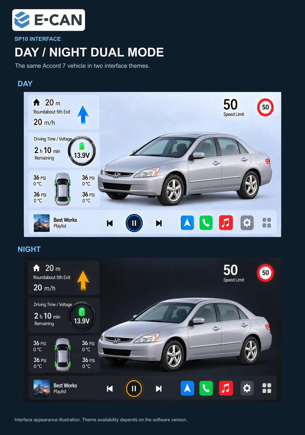 Honda Accord 7 2003–2007 10-inch — 06b day night ui; installation/UI graphics are illustrative