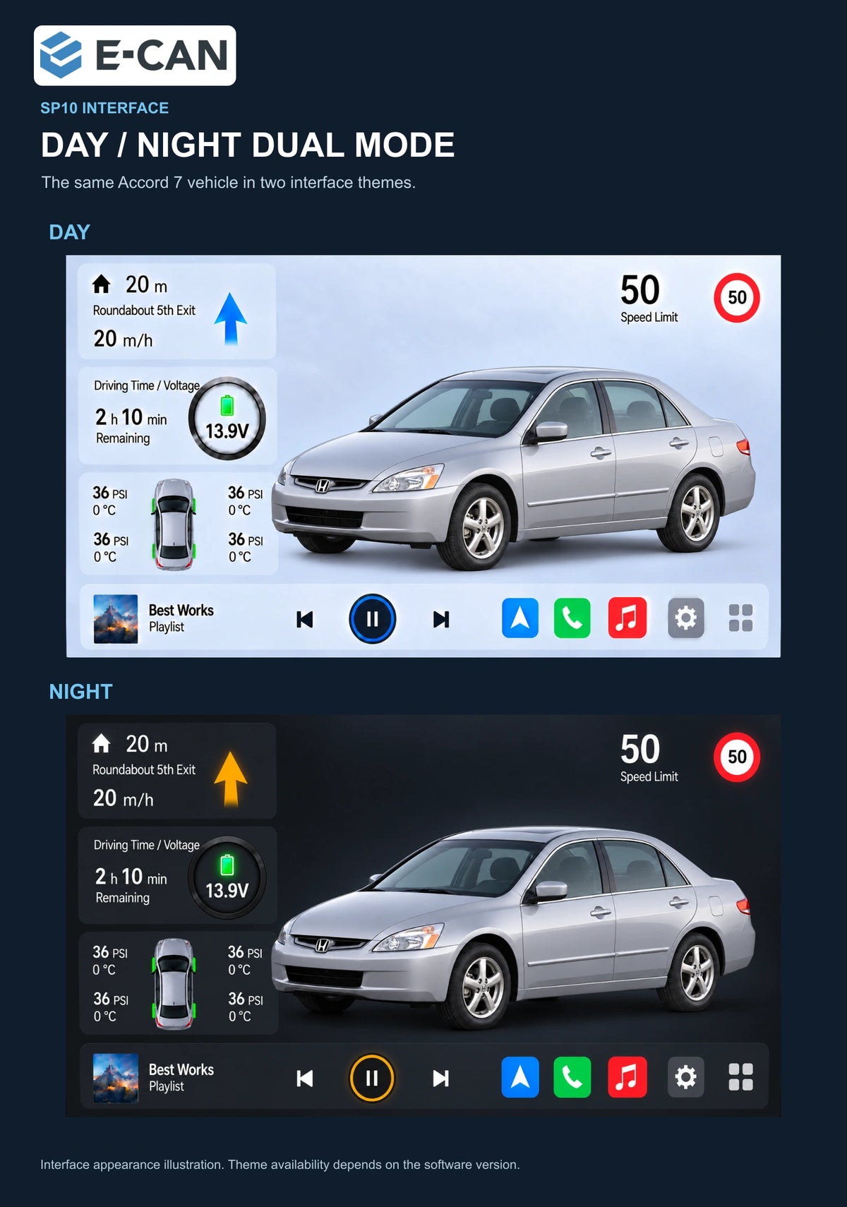 Honda Accord 7 2003–2007 10-inch — 06b day night ui; installation/UI graphics are illustrative