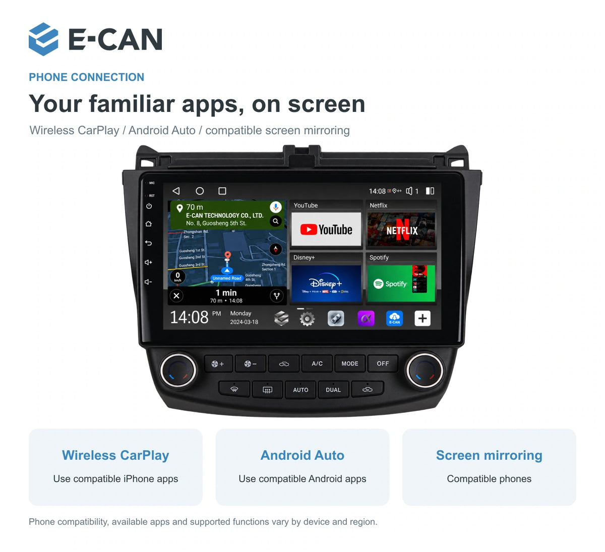 Honda Accord 7 2003–2007 10-inch — 07 wireless phone link; installation/UI graphics are illustrative