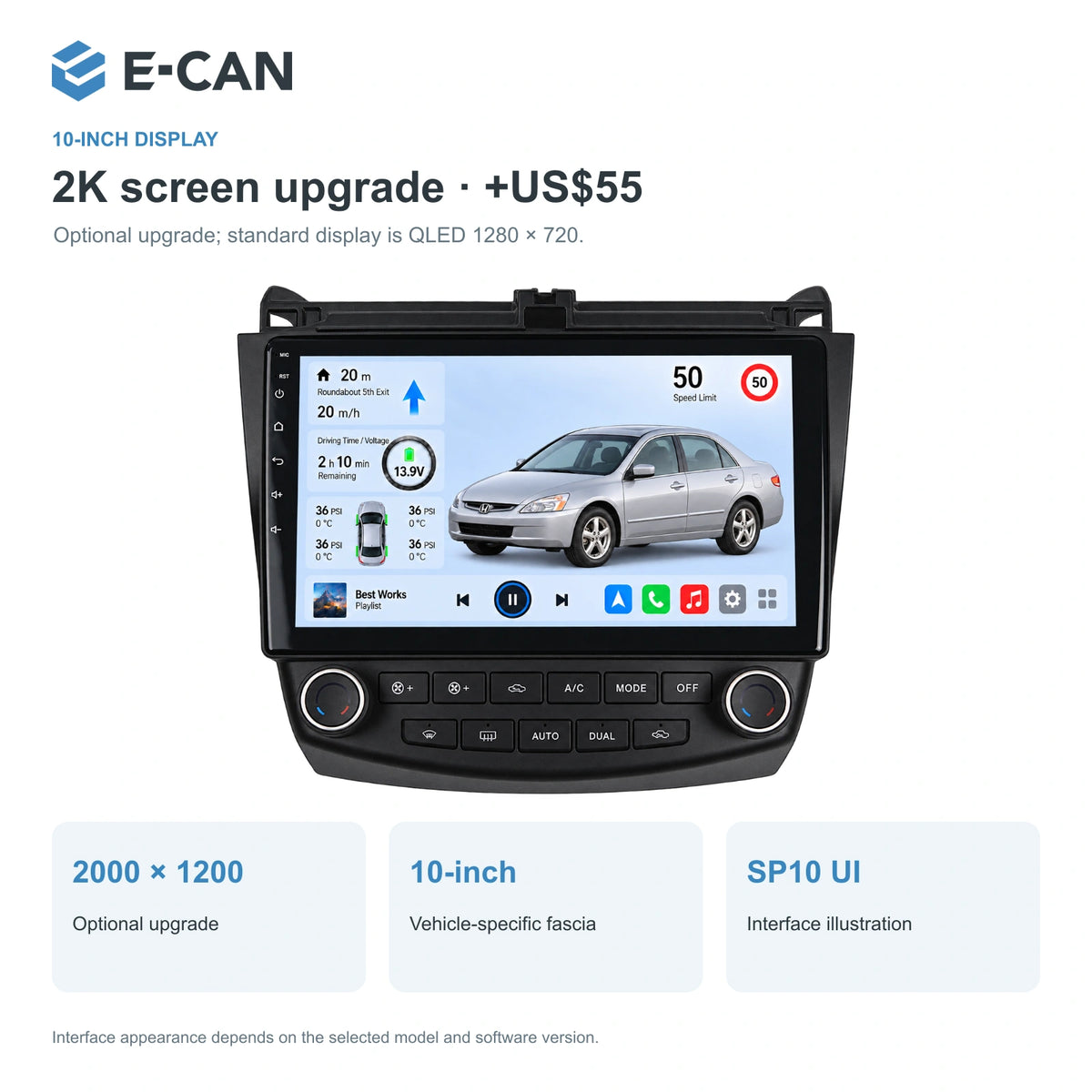 Honda Accord 7 2003–2007 10-inch — 02 2k display; installation/UI graphics are illustrative