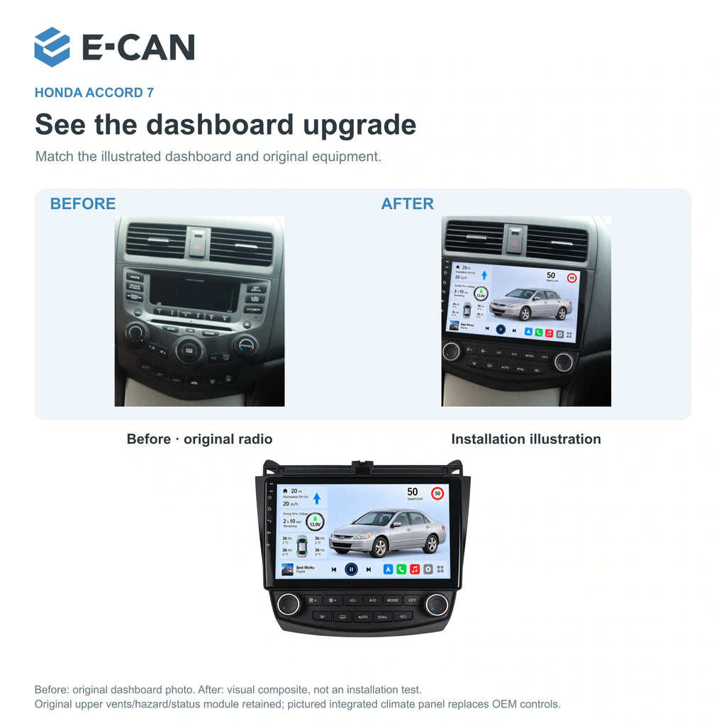 Honda Accord 7 2003–2007 10-inch — 03 installation comparison; installation/UI graphics are illustrative