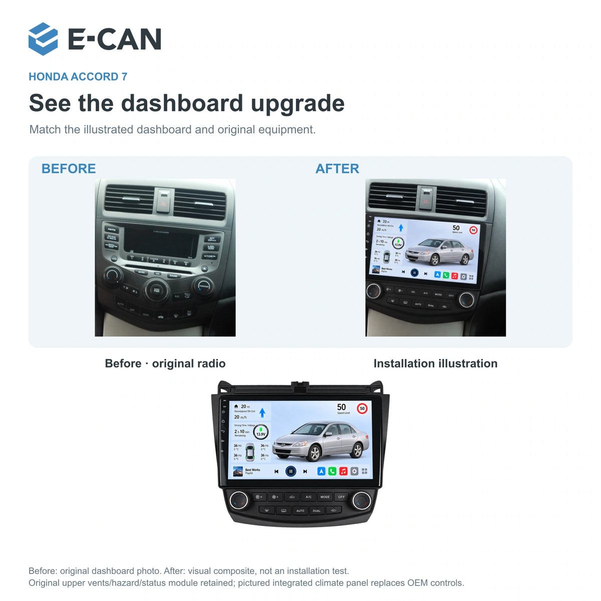 Honda Accord 7 2003–2007 10-inch — 03 installation comparison; installation/UI graphics are illustrative