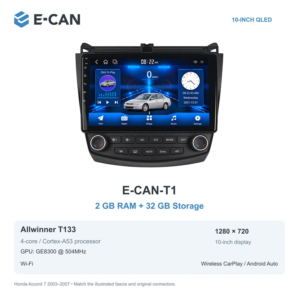 Honda Accord 7 2003–2007 10-inch — 01 t1 2 32gb; installation/UI graphics are illustrative