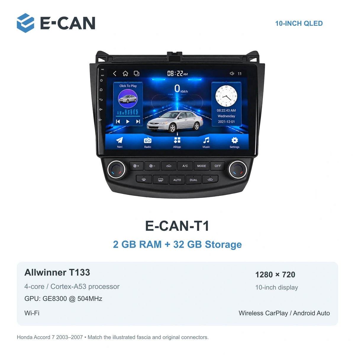 Honda Accord 7 2003–2007 10-inch — 01 t1 2 32gb; installation/UI graphics are illustrative
